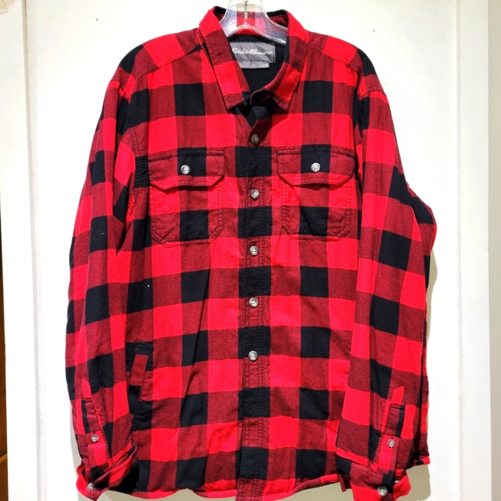 Eddie Bauer Fleece Lined Red and Black Plaid Button-Up Shirt